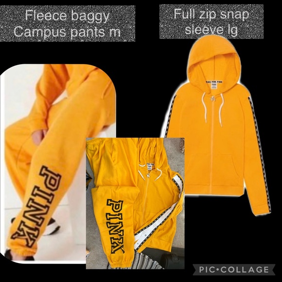 VS PINK FLEECE BAGGY CAMPUS PANT FULL ZIP SNAP SLEEVE HOODIE M LG - Picture 1 of 15